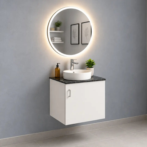 White Floating Bathroom Vanity with LED Round Mirror