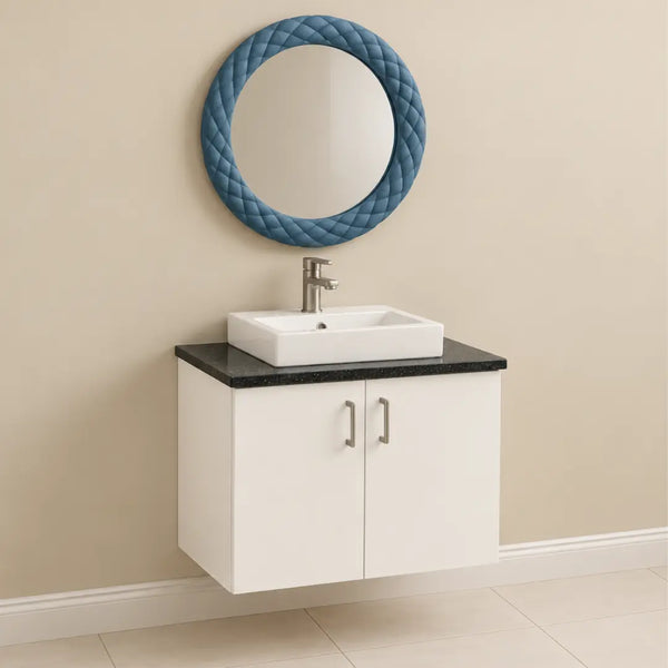 White Bathroom Vanity with Blue Round Mirror