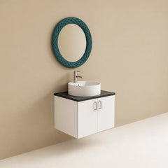 White Bathroom Vanity Unit with Blue Round Mirror
