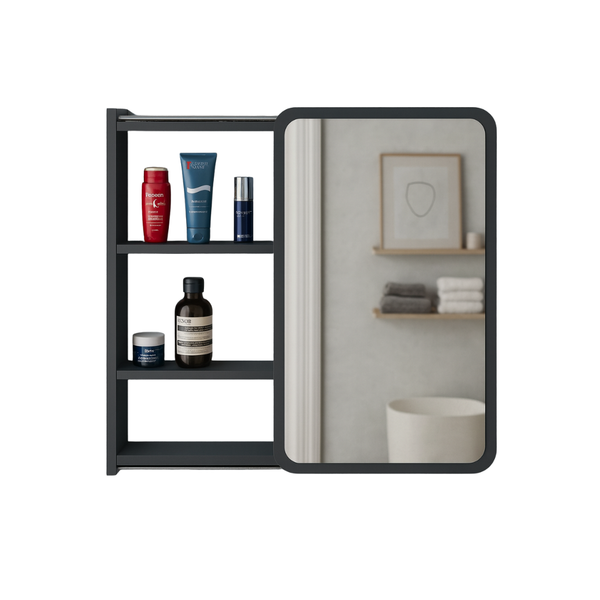 Black Frame Vanity Mirror Cabinet with Open Shelves