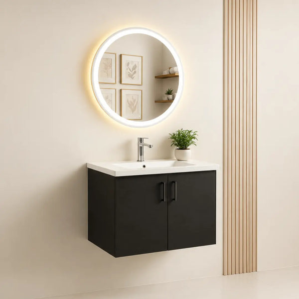 Black Floating Bathroom Vanity with LED Round Mirror