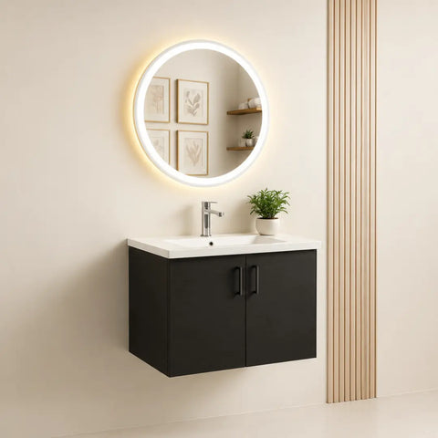Black Floating Bathroom Vanity with LED Round Mirror