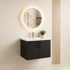 Black Floating Bathroom Vanity with LED Round Mirror