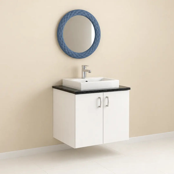 Contemporary White Bathroom Vanity with Blue Round Mirror