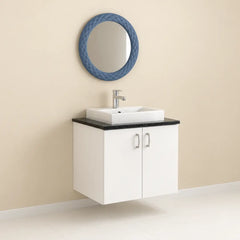 Contemporary White Bathroom Vanity with Blue Round Mirror