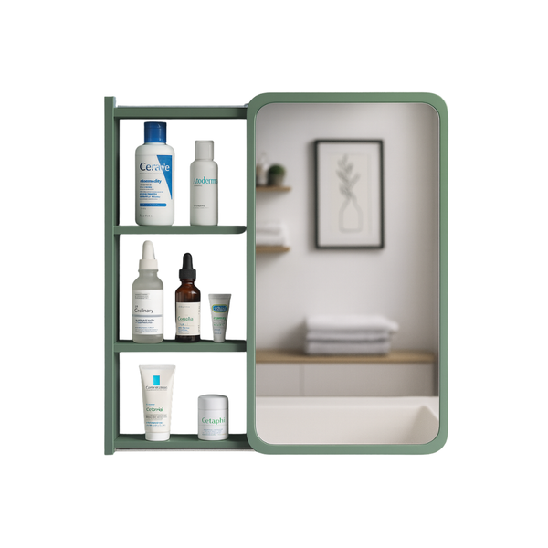 Green Frame Vanity Mirror Cabinet with Open Shelves