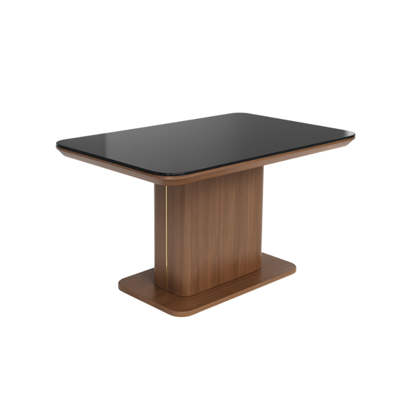 Black Glass Top Dining Table with Wooden Pedestal Base