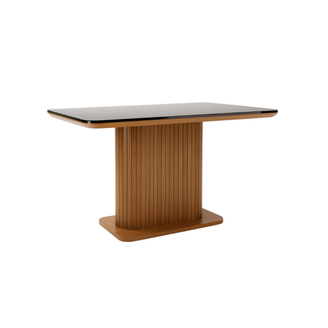 Black Top Dining Table with Walnut Fluted Pedestal Base