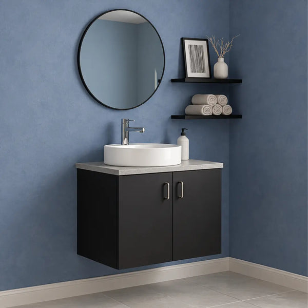 Black Floating Bathroom Vanity with Round Mirror