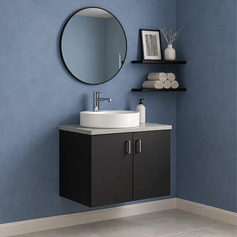 Black Floating Bathroom Vanity with Round Mirror