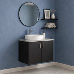 Black Floating Bathroom Vanity with Round Mirror
