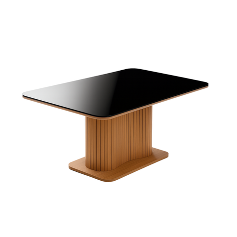 Black Glass-Top Dining Table with Walnut Fluted Base