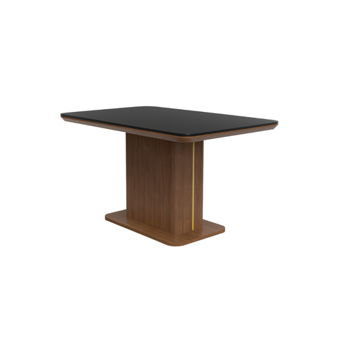 Black Top Dining Table with Walnut Pedestal & Gold Accent