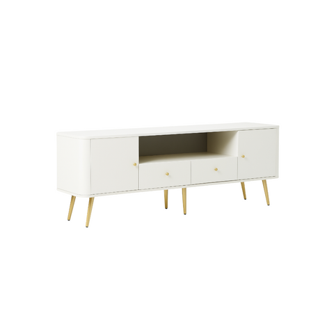 White TV Unit with Gold Legs and Storage